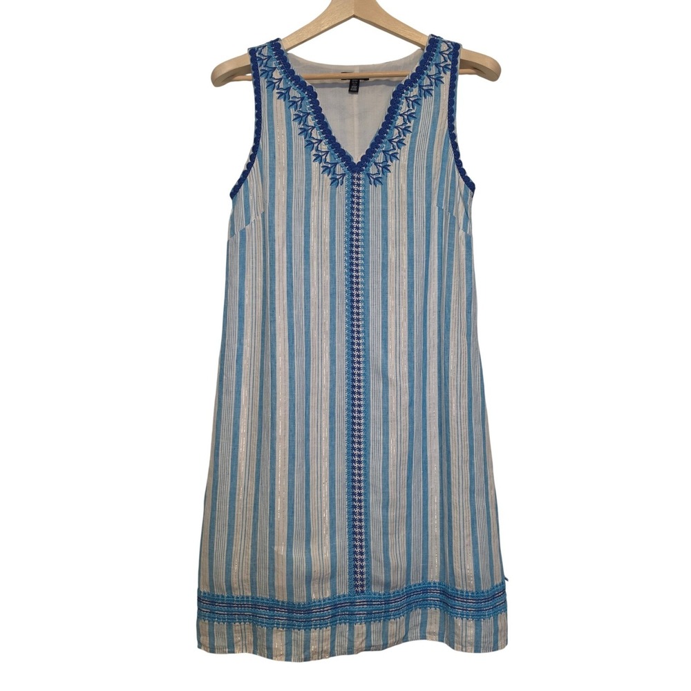 Hatley Blue White Striped Embroidered Metallic Sleeveless Shift Dress Medium